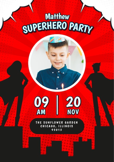 Vecteur gratuit modèle d'invitation d'anniversaire de super-héros plat avec photo