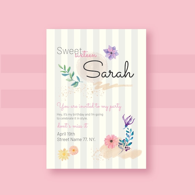 Modèle d'invitation aquarelle floral sweet 16