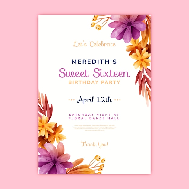 Modèle D'invitation Aquarelle Florale Sweet 16