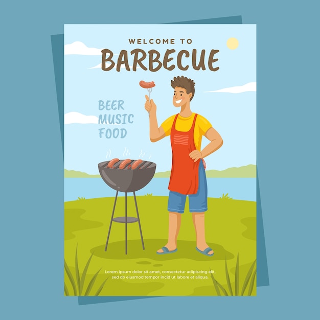 Vecteur gratuit modèle d'invitation de barbecue d'été plat avec homme et grill