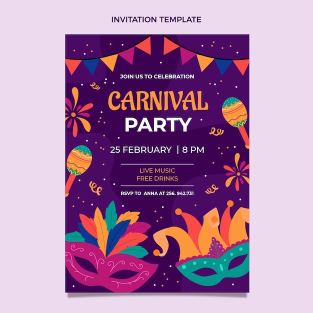 Modèle d'invitation de carnaval plat