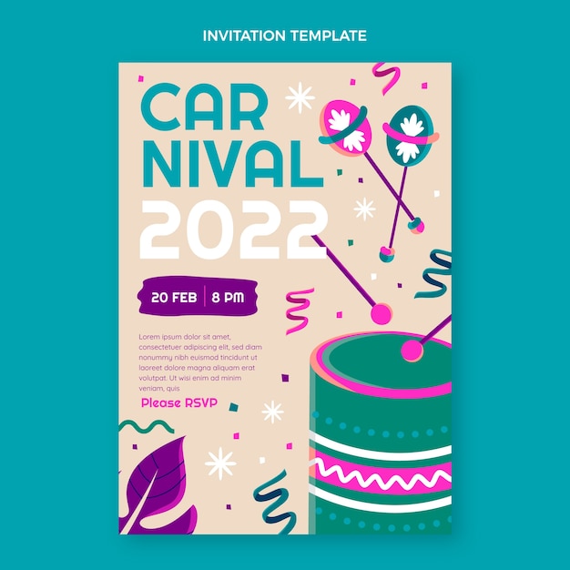 Vecteur gratuit modèle d'invitation de carnaval plat