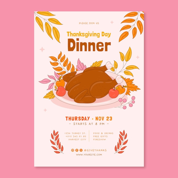 Vecteur gratuit modèle d'invitation dessiné à la main pour thanksgiving avec dinde sur assiette