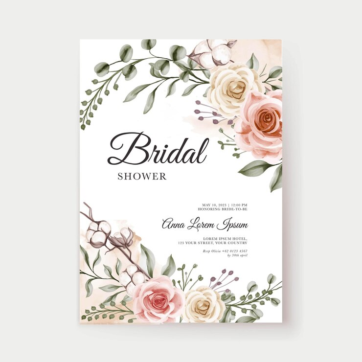 Vecteur gratuit modèle d'invitation de douche nuptiale bohème floral aquarelle pastel pêche rose tendre