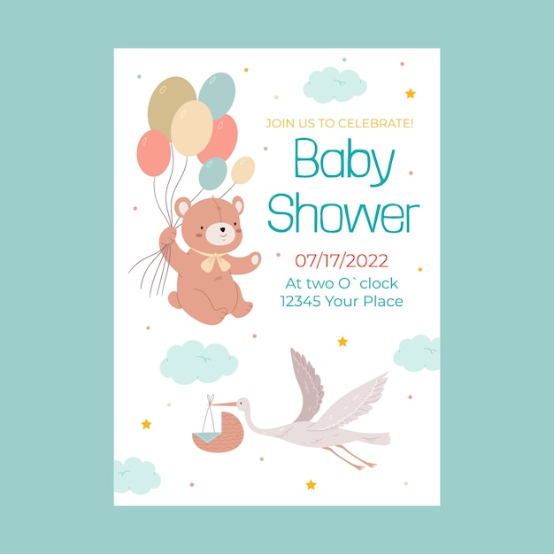 Vecteur gratuit modèle d'invitation de fête de douche de bébé plat