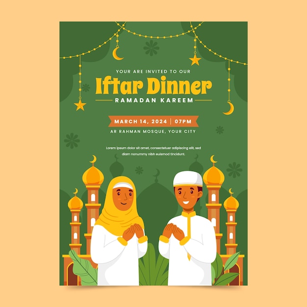 Vecteur gratuit modèle d'invitation à une fête d'iftar pour la célébration islamique du ramadan.