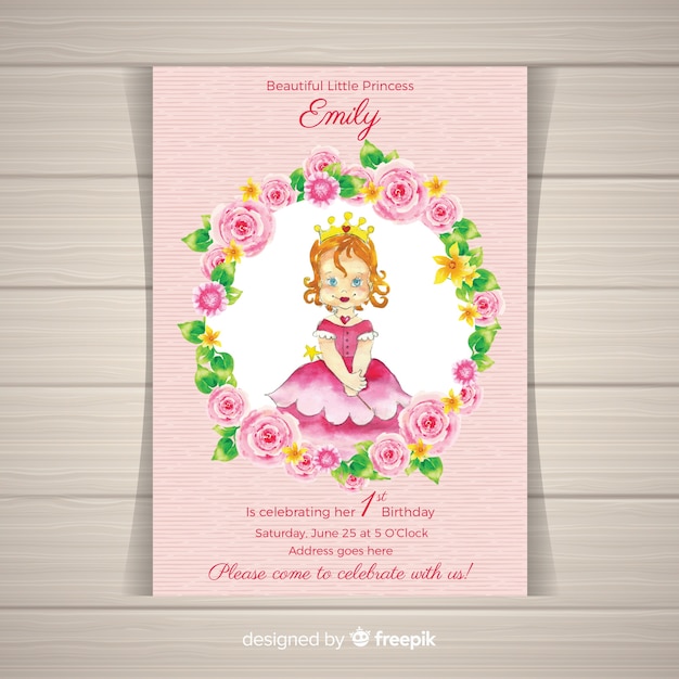 Vecteur gratuit modèle d'invitation de fête princesse aquarelle