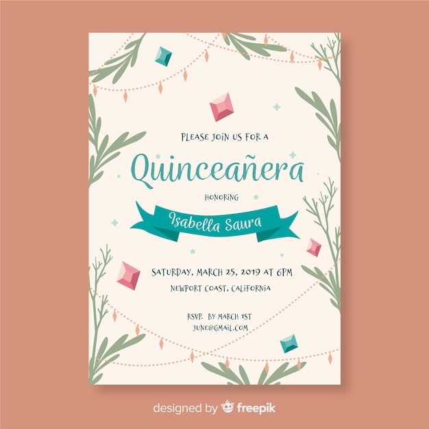 Modèle D'invitation De Feuilles Dessinées à La Main De Quinceanera