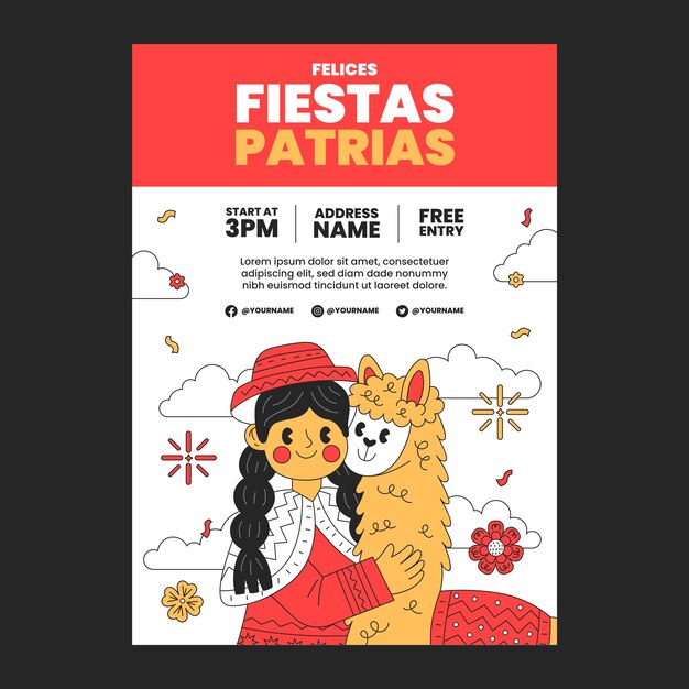 Modèle d'invitation fiestas patrias pérou dessiné à la main avec personne et lama