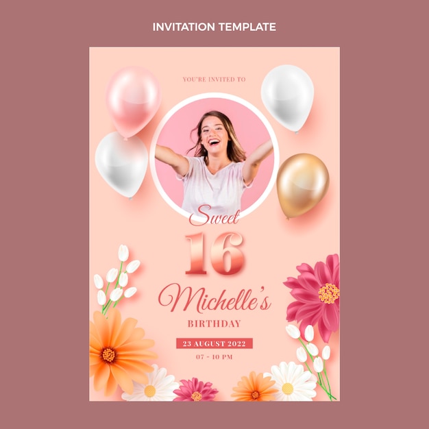 Modèle d'invitation florale réaliste sweet 16