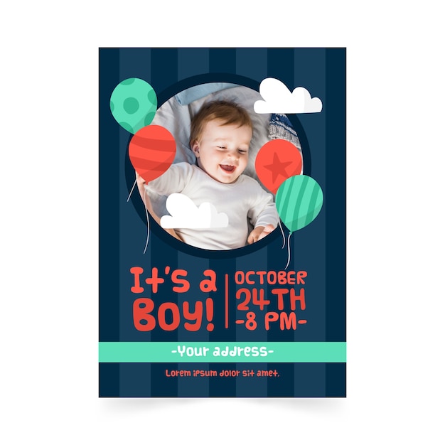 Vecteur gratuit modèle d'invitation de garçon de douche de bébé avec photo