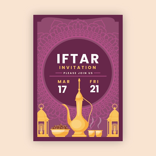 Vecteur gratuit modèle d'invitation iftar plat