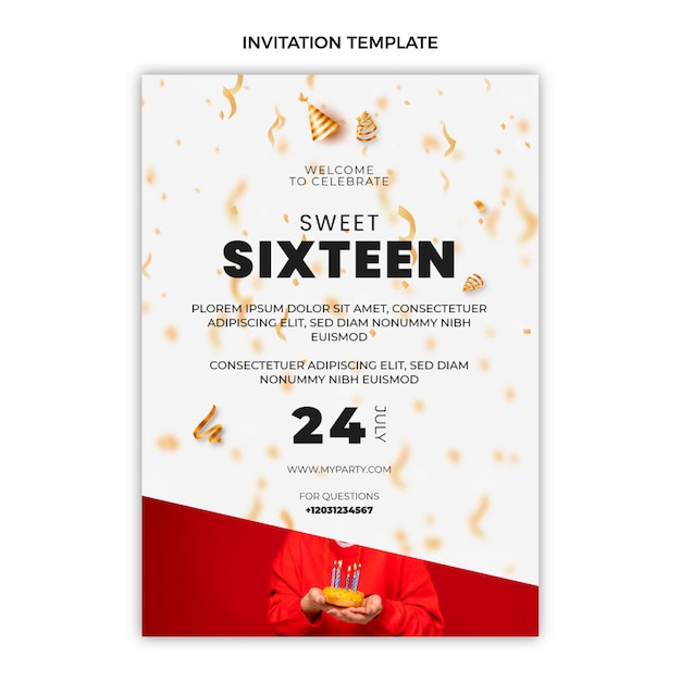 Vecteur gratuit modèle d'invitation de luxe réaliste sweet 16