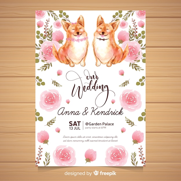 Vecteur gratuit modèle d'invitation de mariage animal aquarelle