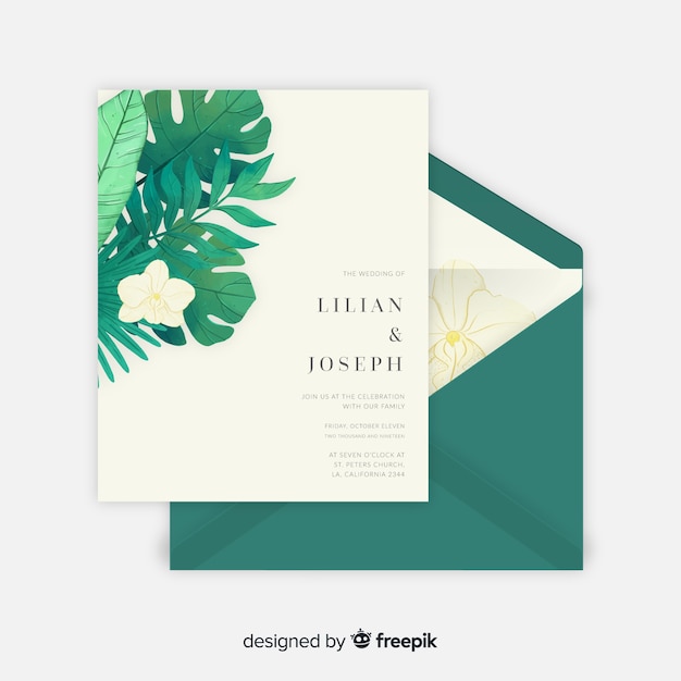 Modèle d&#39;invitation de mariage aquarelle feuilles tropicales