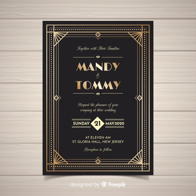Modèle d'invitation de mariage avec un beau design art déco