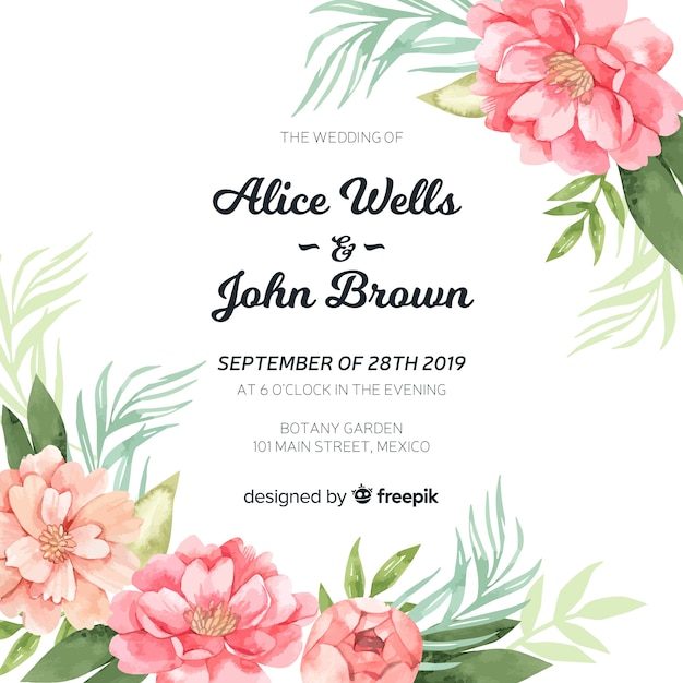 Modèle D'invitation De Mariage Avec De Belles Fleurs De Pivoine Aquarelle