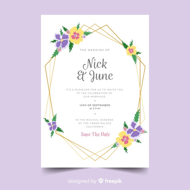 Vecteur gratuit modèle d'invitation de mariage avec cadre floral