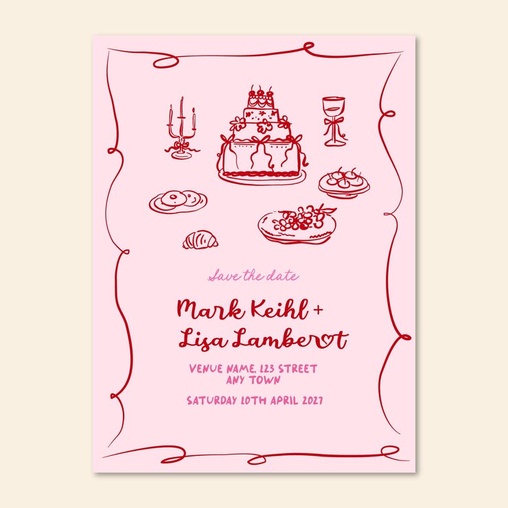 Vecteur gratuit modèle d'invitation de mariage capricieux dessiné à la main