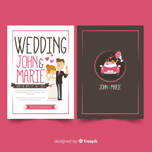 Vecteur gratuit modèle d'invitation de mariage couple dessiné à la main