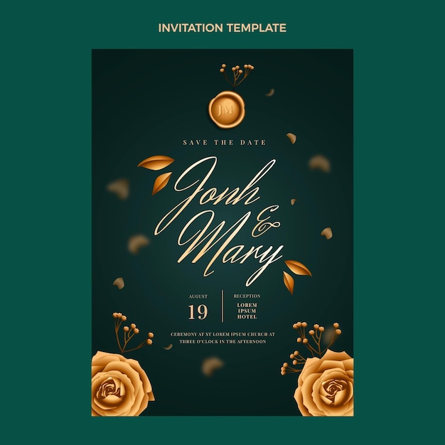 Vecteur gratuit modèle d'invitation de mariage doré de luxe réaliste