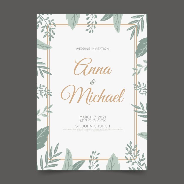 Modèle d'invitation de mariage élégant avec des feuilles