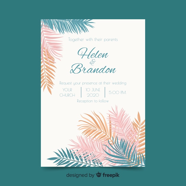 Vecteur gratuit modèle d'invitation de mariage feuilles de palmier couleur pastel