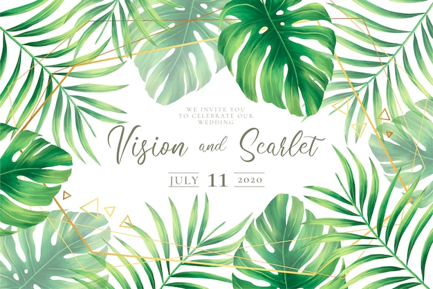 Vecteur gratuit modèle d'invitation de mariage avec des feuilles tropicales