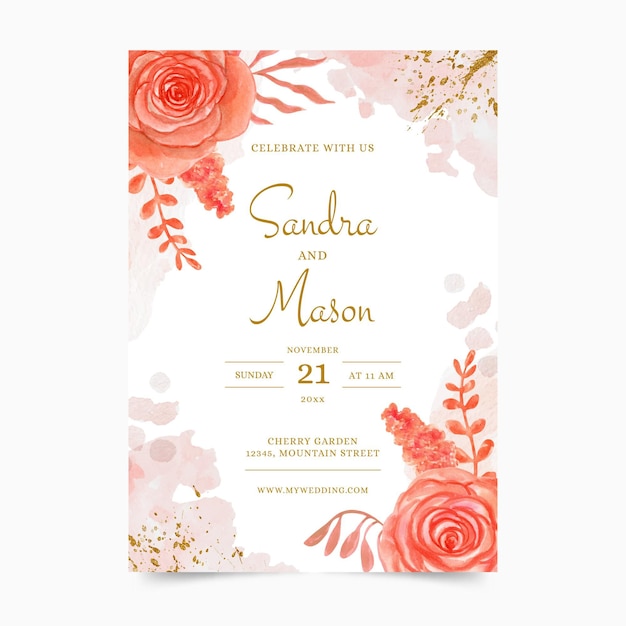 Vecteur gratuit modèle d'invitation de mariage floral aquarelle peint à la main