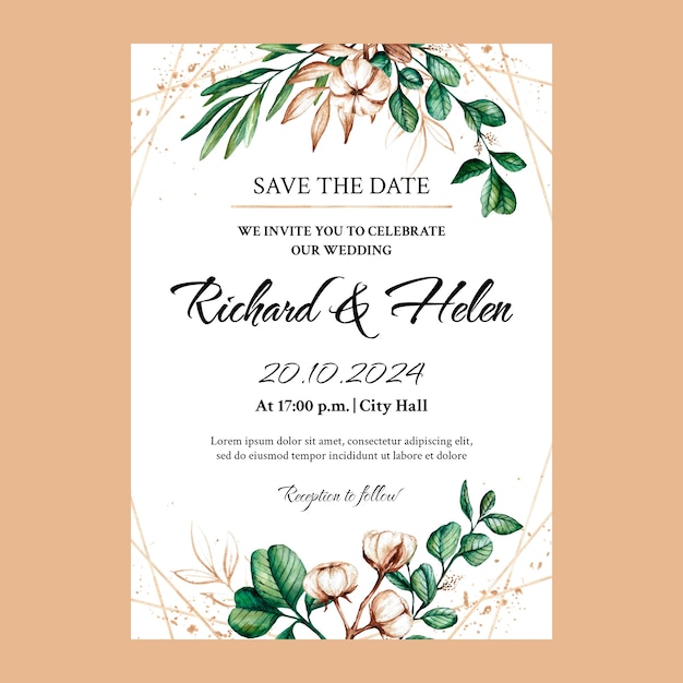 Vecteur gratuit modèle d'invitation de mariage floral aquarelle