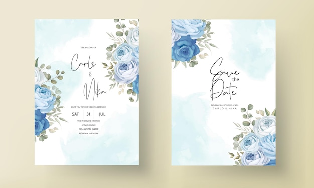 Vecteur gratuit modèle d'invitation de mariage floral bleu élégant