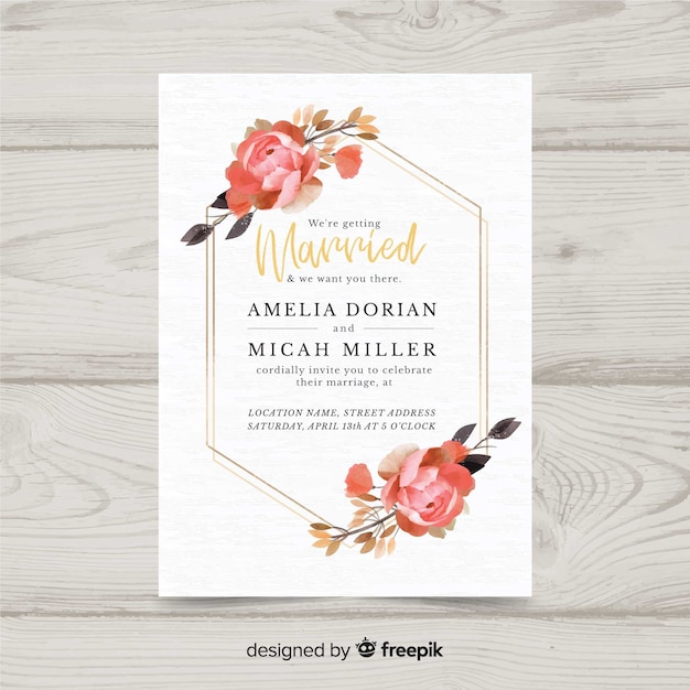 Modèle D'invitation De Mariage Floral Avec Cadre Doré élégant