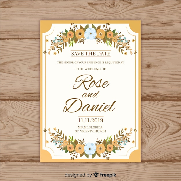 Modèle D'invitation De Mariage Floral Avec Cadre Doré