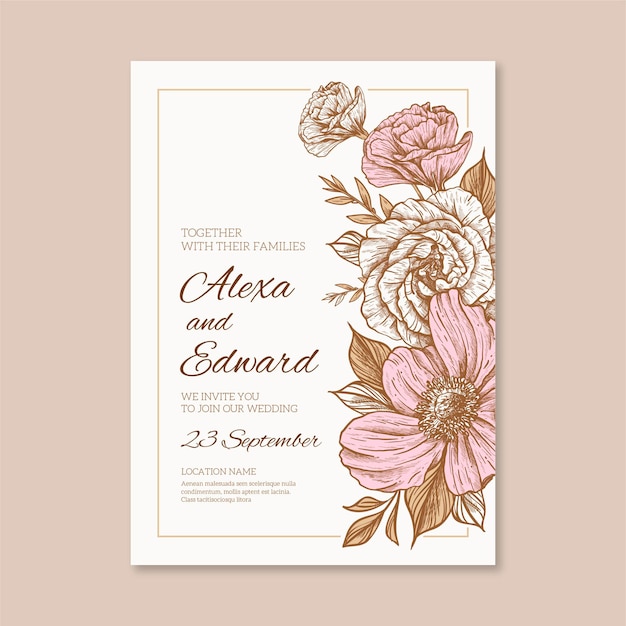 Modèle D'invitation De Mariage Floral Dessiné à La Main De Gravure