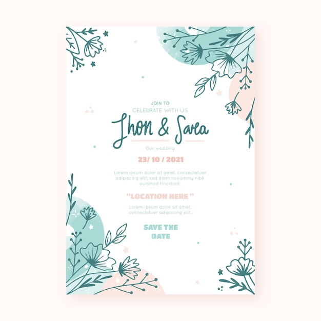 Vecteur gratuit modèle d'invitation de mariage floral dessiné à la main