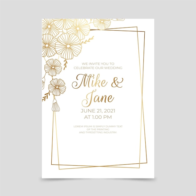 Vecteur gratuit modèle d'invitation de mariage floral doré dégradé