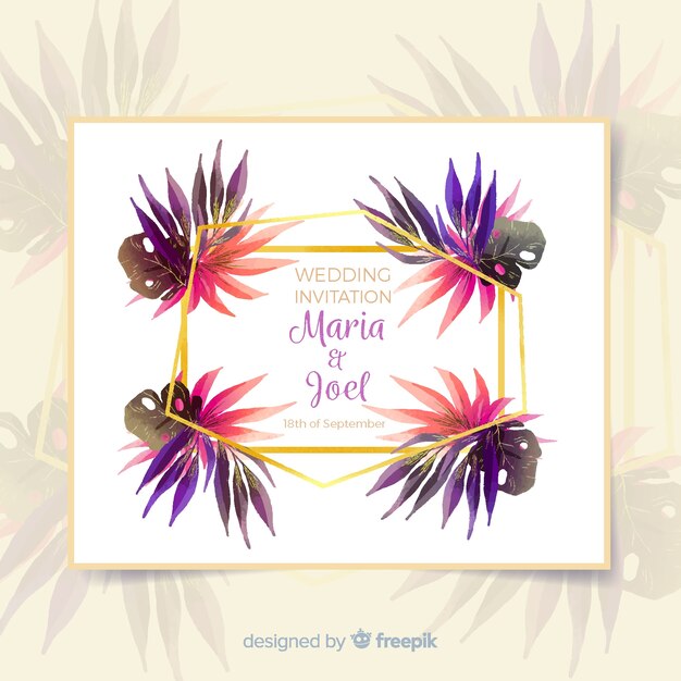 Modèle d&#39;invitation de mariage floral avec des éléments de conception dorés