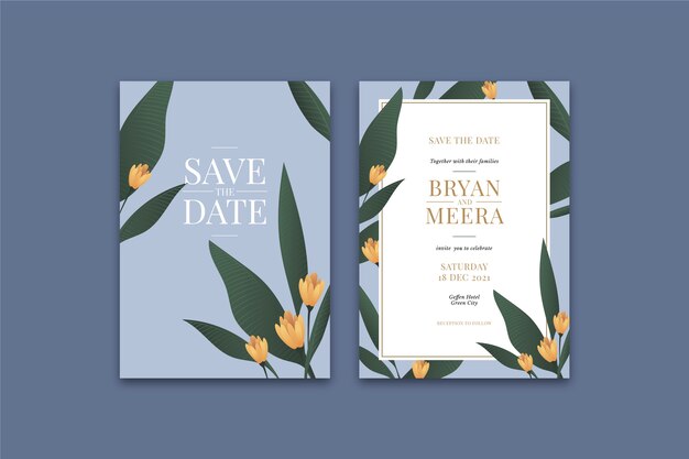 Modèle d'invitation de mariage floral avec des feuilles