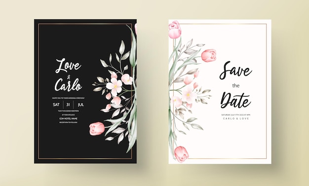 Vecteur gratuit modèle d'invitation de mariage floral serti de décoration de fleurs et de feuilles marron et pêche