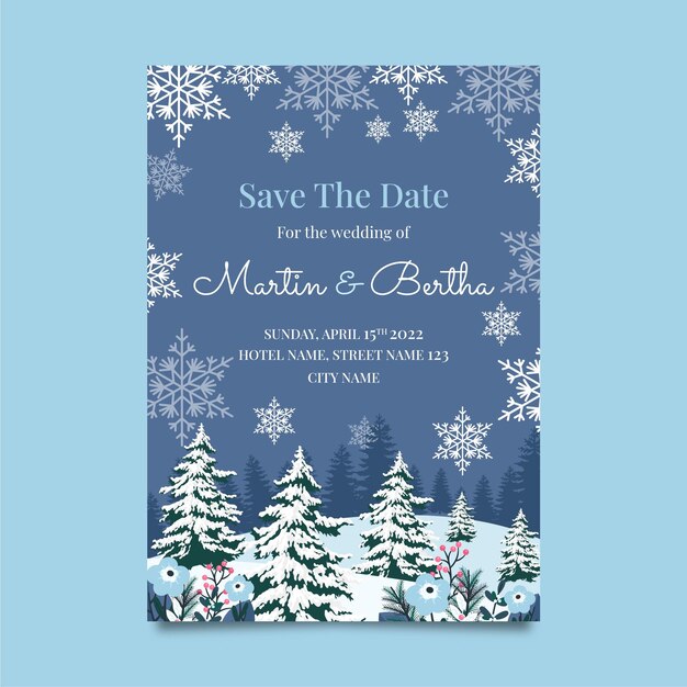 Modèle d'invitation de mariage d'hiver plat dessiné à la main