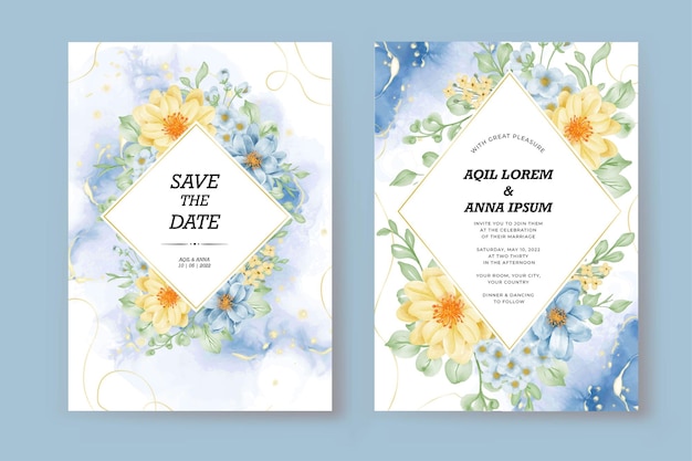 Modèle D'invitation De Mariage De Luxe Fleur Jaune Bleu