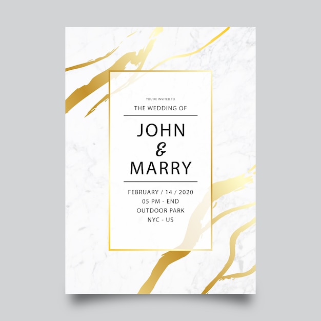 Vecteur gratuit modèle d'invitation de mariage en marbre élégant avec des détails dorés