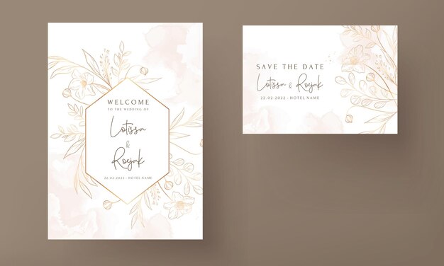 Modèle d'invitation de mariage minimal dessiné à la main avec un élégant floral doré