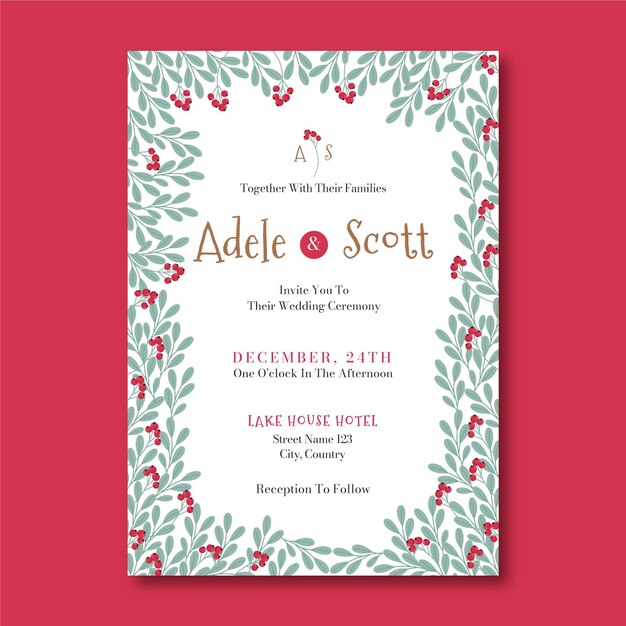 Modèle d'invitation de mariage de noël plat dessiné à la main