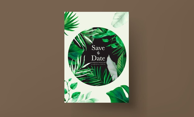 Vecteur gratuit modèle d'invitation de mariage tropical avec des feuilles d'arbre élégantes