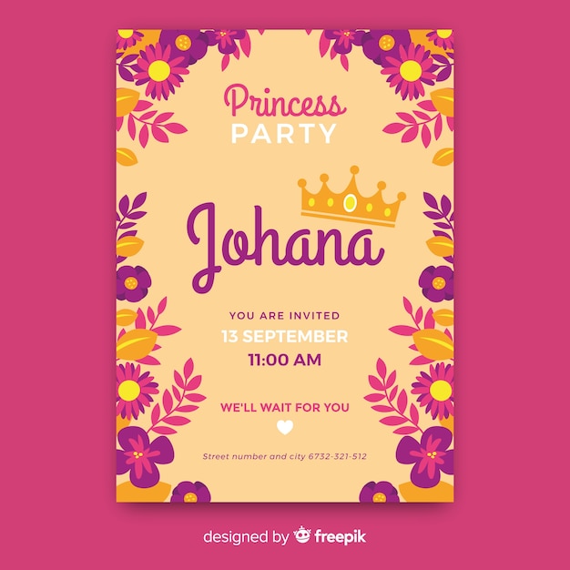 Vecteur gratuit modèle d'invitation partie princesse plate