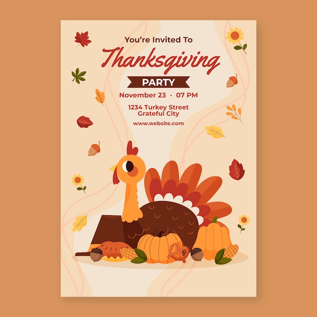 Vecteur gratuit modèle d'invitation plat pour thanksgiving avec la dinde