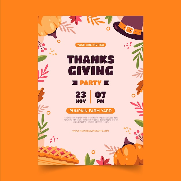 Vecteur gratuit modèle d'invitation plat pour thanksgiving avec tarte aux pimpkin