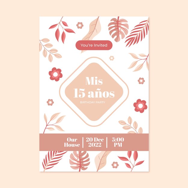 Modèle d'invitation de quinceañera floral design plat