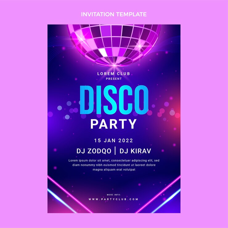 Vecteur gratuit modèle d'invitation à une soirée disco néon réaliste